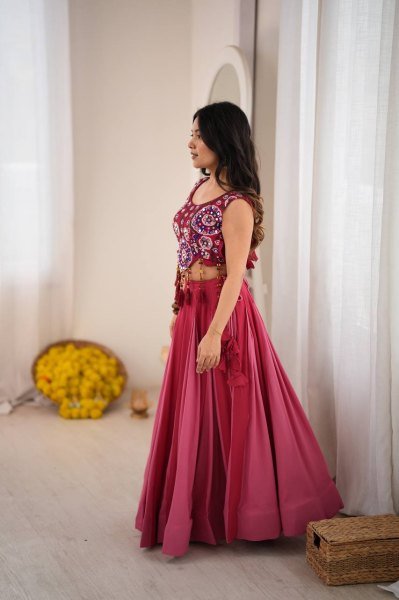 Dapper Hot Pink Heavy Rayon Lehenga Choli with Real Mirror and Thread Work at Wholesale Rate Navratri Lehnega Choli