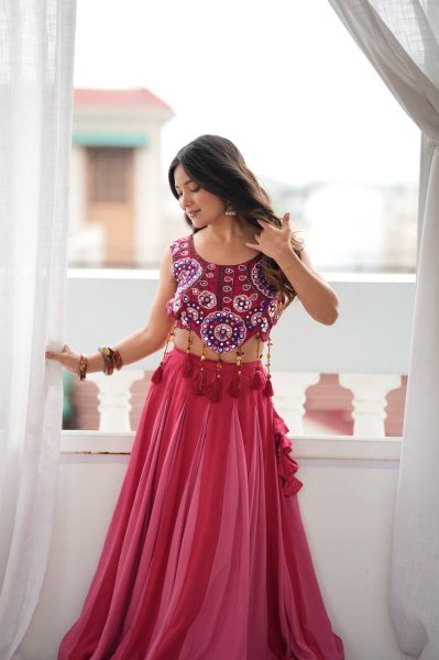 Dapper Hot Pink Heavy Rayon Lehenga Choli with Real Mirror and Thread Work at Wholesale Rate Navratri Lehnega Choli