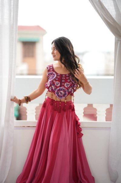 Dapper Hot Pink Heavy Rayon Lehenga Choli with Real Mirror and Thread Work at Wholesale Rate Navratri Lehnega Choli