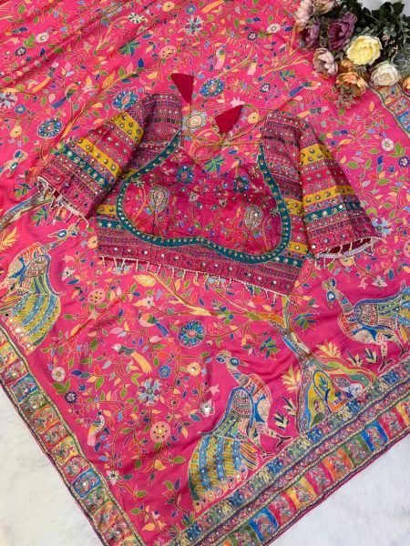 Dapper Hot Pink Wedding Wear Chinnon Printed Saree with Fully Stitched Blouse Printed Cotton Sarees Wholesale