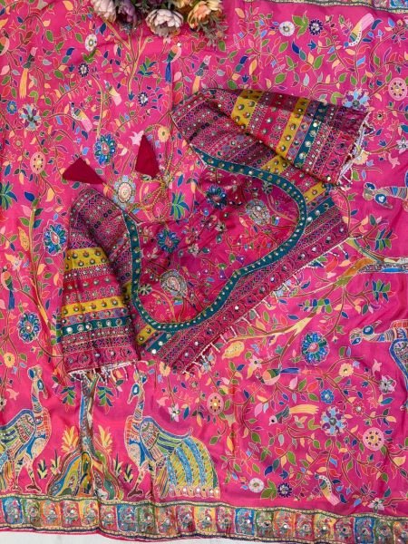 Dapper Hot Pink Wedding Wear Chinnon Printed Saree with Fully Stitched Blouse Printed Cotton Sarees Wholesale
