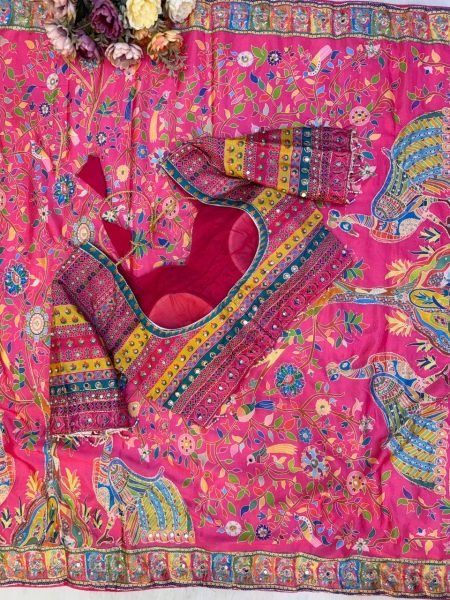 Dapper Hot Pink Wedding Wear Chinnon Printed Saree with Fully Stitched Blouse Printed Cotton Sarees Wholesale