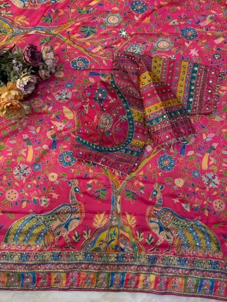 Dapper Hot Pink Wedding Wear Chinnon Printed Saree with Fully Stitched Blouse Printed Cotton Sarees Wholesale