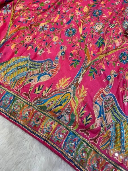 Dapper Hot Pink Wedding Wear Chinnon Printed Saree with Fully Stitched Blouse Printed Cotton Sarees Wholesale