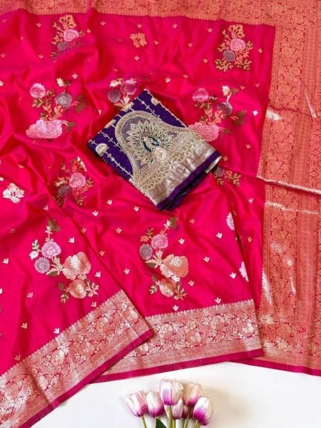 Dapper Hot Pink Women s Soft Silk Jacquard Weaving Saree with Floral Design Sarees 