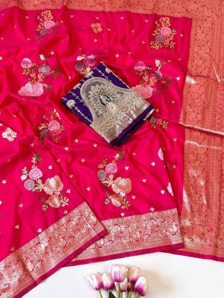 Dapper Hot Pink Women s Soft Silk Jacquard Weaving Saree with Floral Design Silk Sarees Wholesale