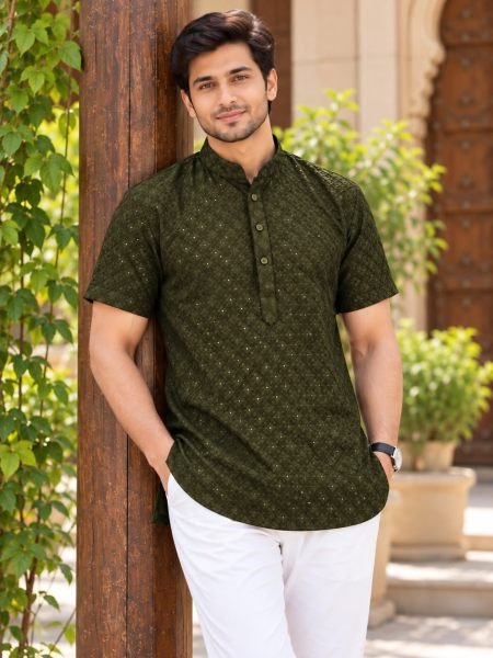 Dapper Mahendi Green Designer Short Rayon Kurta with Chikan Work Mens Wear