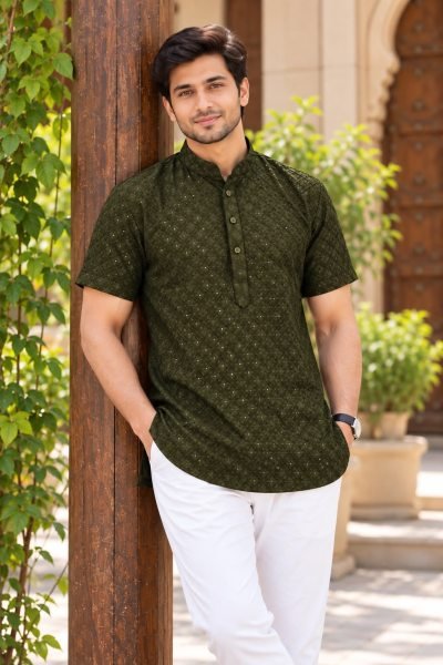 Dapper Mahendi Green Designer Short Rayon Kurta with Chikan Work Kurta Pajama Wholesale