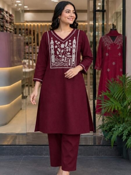 Dapper Maroon Rayon Slub Full Length Embroidered Top and Bottom Set at Manufacturer Rate 