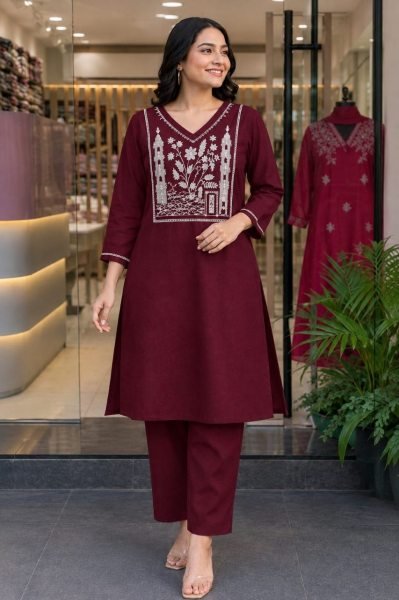 Dapper Maroon Rayon Slub Full Length Embroidered Top and Bottom Set at Manufacturer Rate Kurti With Bottom Wholesale