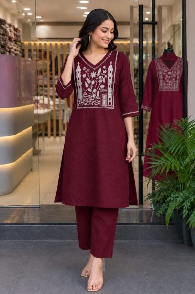 Dapper Maroon Rayon Slub Full Length Embroidered Top and Bottom Set at Manufacturer Rate Kurti With Bottom Wholesale