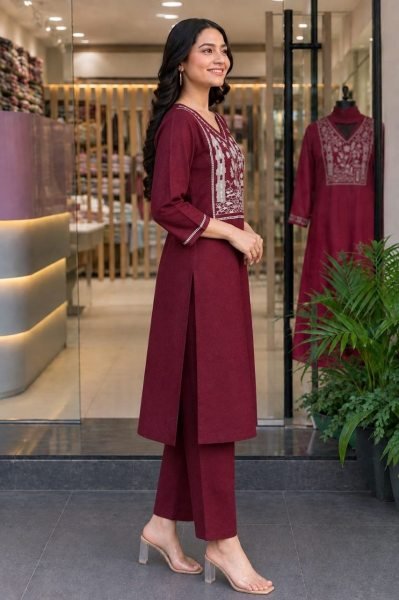 Dapper Maroon Rayon Slub Full Length Embroidered Top and Bottom Set at Manufacturer Rate Kurti With Bottom Wholesale