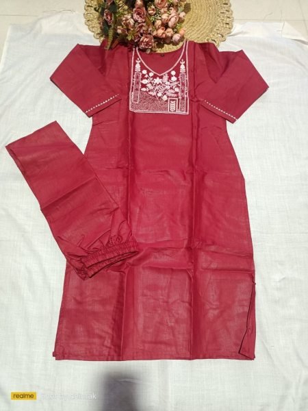 Dapper Maroon Rayon Slub Full Length Embroidered Top and Bottom Set at Manufacturer Rate Kurti With Bottom Wholesale
