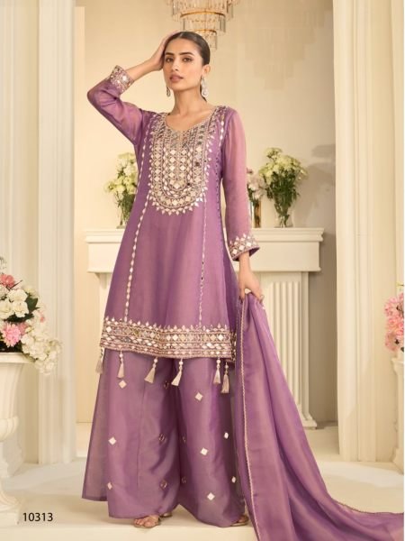 Dapper Mauve Premium Simar Silk Mirror Embroidered Kurti Palazzo Set For Festival Salwar Kameez