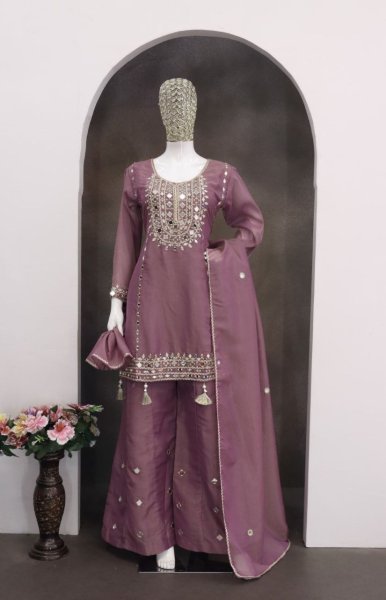 Dapper Mauve Premium Simar Silk Mirror Embroidered Kurti Palazzo Set For Festival Designer Plazzo Salwar Suits Wholesale