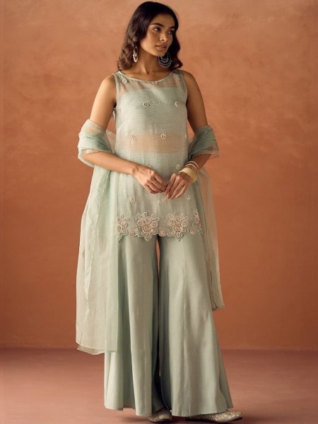 Dapper Mint Green Designer Pure Crush Kurti Set with Beads Work and Roman Silk Palazzo 3 Piece Kurti Set