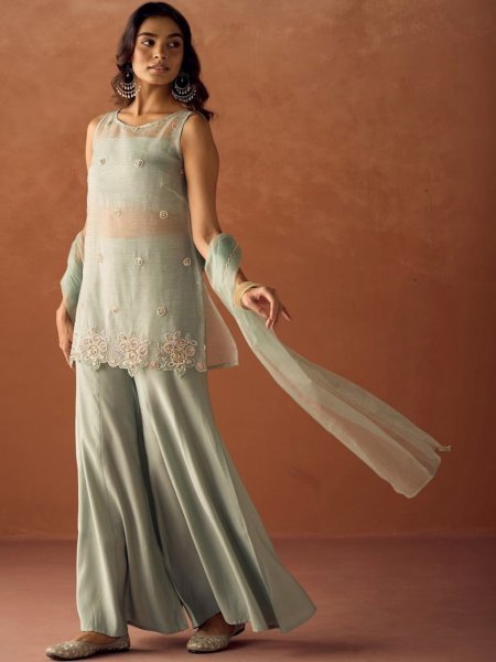 Dapper Mint Green Designer Pure Crush Kurti Set with Beads Work and Roman Silk Palazzo 3 Piece Kurti Set