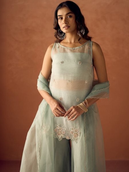 Dapper Mint Green Designer Pure Crush Kurti Set with Beads Work and Roman Silk Palazzo 3 Piece Kurti Set