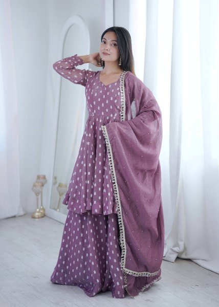 Dapper Muave Designer Heavy Crunchy Silk Jacquard Butti 3 Piece Suit Set for Women Ready To Wear Collection