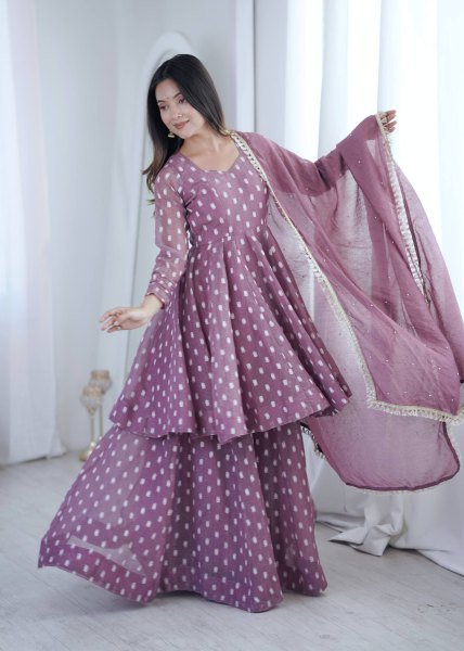 Dapper Muave Designer Heavy Crunchy Silk Jacquard Butti 3 Piece Suit Set for Women Ready To Wear Collection