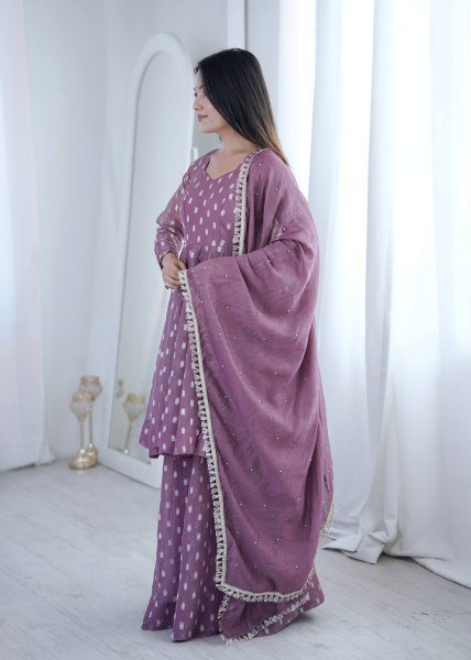 Dapper Muave Designer Heavy Crunchy Silk Jacquard Butti 3 Piece Suit Set for Women Ready To Wear Collection
