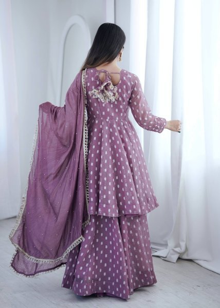 Dapper Muave Designer Heavy Crunchy Silk Jacquard Butti 3 Piece Suit Set for Women Ready To Wear Collection