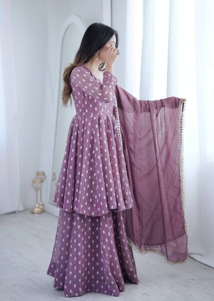 Dapper Muave Designer Heavy Crunchy Silk Jacquard Butti 3 Piece Suit Set for Women Ready To Wear Collection
