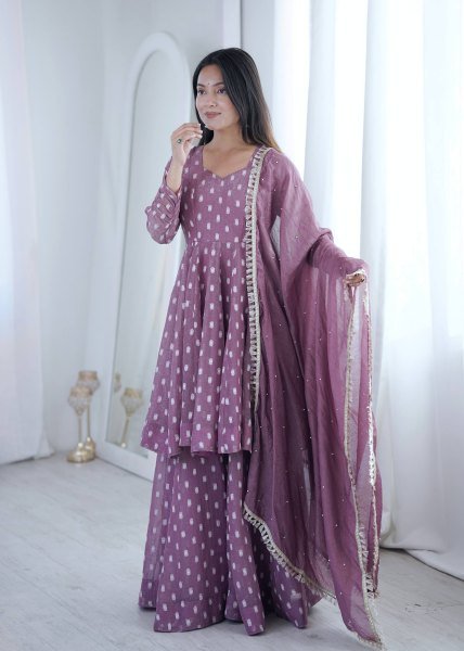 Dapper Muave Designer Heavy Crunchy Silk Jacquard Butti 3 Piece Suit Set for Women Ready To Wear Collection