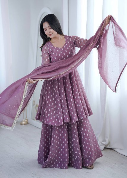 Dapper Muave Designer Heavy Crunchy Silk Jacquard Butti 3 Piece Suit Set for Women Ready To Wear Collection