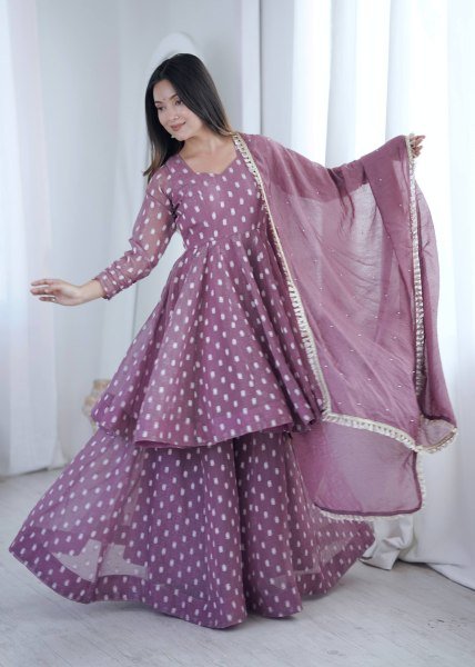Dapper Muave Designer Heavy Crunchy Silk Jacquard Butti 3 Piece Suit Set for Women Ready To Wear Collection