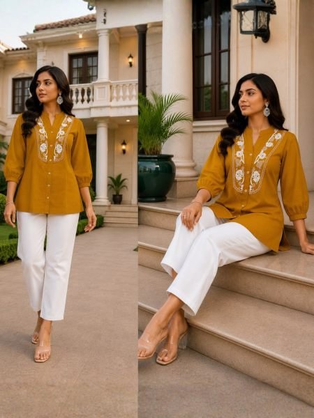 Dapper Mustard Yellow Rayon Slub Embroidered Top with Khadi Cotton Pant at Wholesale Rate Kurtis