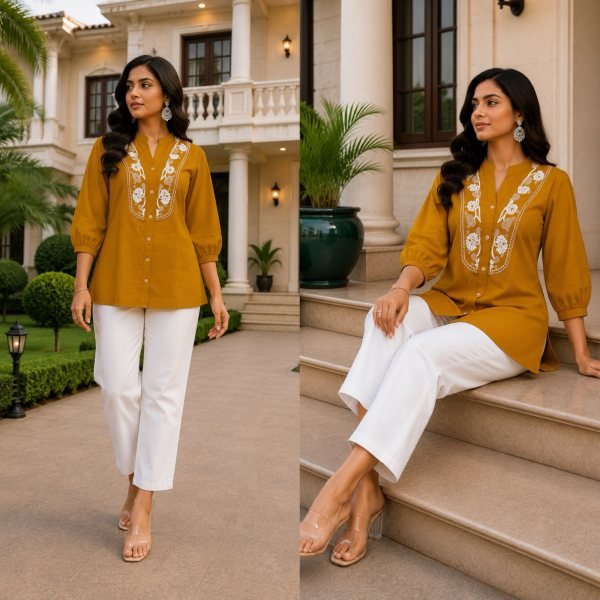 Dapper Mustard Yellow Rayon Slub Embroidered Top with Khadi Cotton Pant at Wholesale Rate Tunics kurti