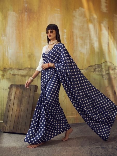 Dapper Navy Blue Polka Dot Satin Silk Saree with Blouse Piece Bollywood Fancy Sarees Wholesale