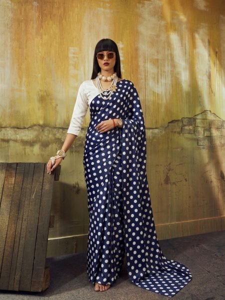 Dapper Navy Blue Polka Dot Satin Silk Saree with Blouse Piece Bollywood Fancy Sarees Wholesale