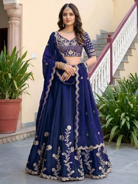 Dapper Navy Blue Rangoli Silk Lehenga Choli with Zari Dori Sequins Embroidery Work  Lehenga