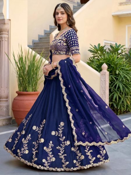 Dapper Navy Blue Rangoli Silk Lehenga Choli with Zari Dori Sequins Embroidery Work Designer Lehenga Choli