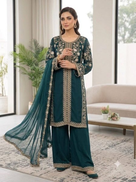 Dapper Navy Blue Roman Top Plazzo Set With Embroidery Work For Online Buyer  Ready To Wear Collection