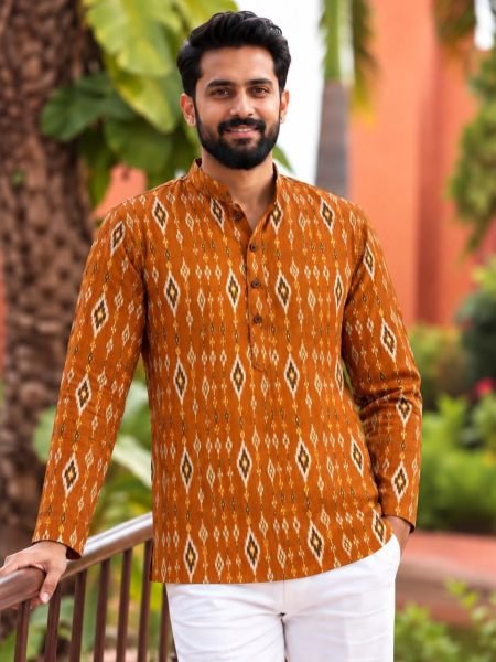 Dapper Orange Men’s Casual Wear Cotton Printed Short Kurta at Manufacturer  