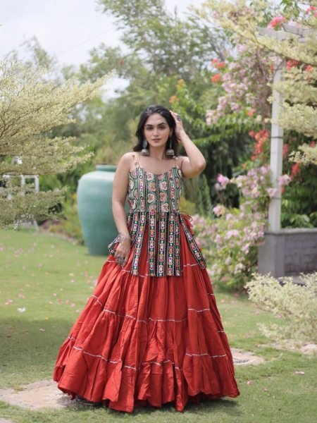 Dapper Orange Navratri Special Kora Cotton Lehenga Choli With Patchwork   Lehenga