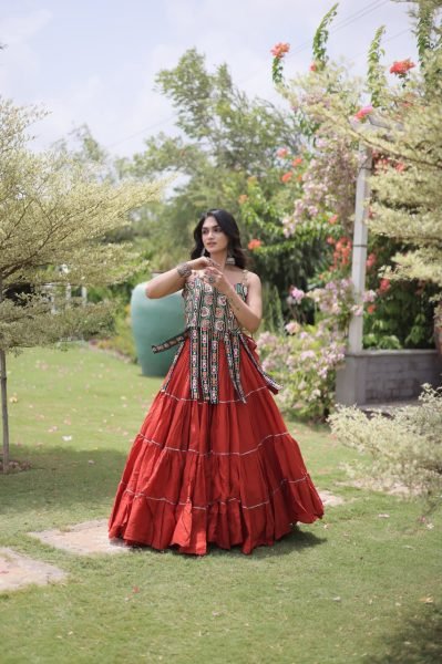 Dapper Orange Navratri Special Kora Cotton Lehenga Choli With Patchwork  Navratri Lehnega Choli