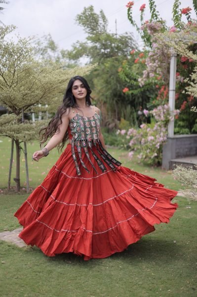 Dapper Orange Navratri Special Kora Cotton Lehenga Choli With Patchwork  Navratri Lehnega Choli