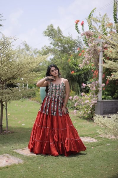 Dapper Orange Navratri Special Kora Cotton Lehenga Choli With Patchwork  Navratri Lehnega Choli