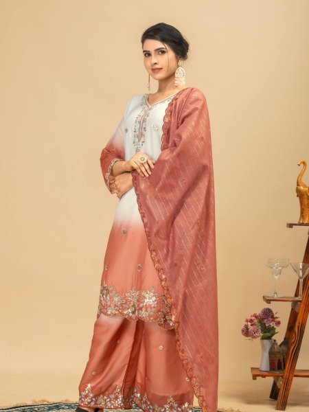Dapper Peach Wear Georgette Kurti Suit with Front Heavy Beads Work Dupatta Ready To Wear Suit