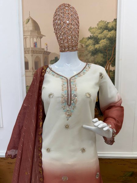 Dapper Peach Wear Georgette Kurti Suit with Front Heavy Beads Work Dupatta Ready To Wear Collection