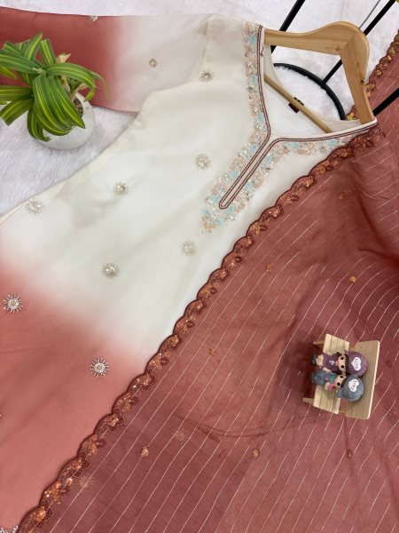 Dapper Peach Wear Georgette Kurti Suit with Front Heavy Beads Work Dupatta Ready To Wear Collection