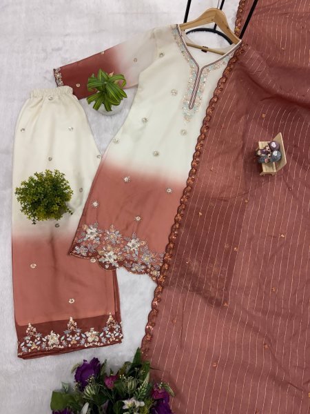 Dapper Peach Wear Georgette Kurti Suit with Front Heavy Beads Work Dupatta Ready To Wear Collection