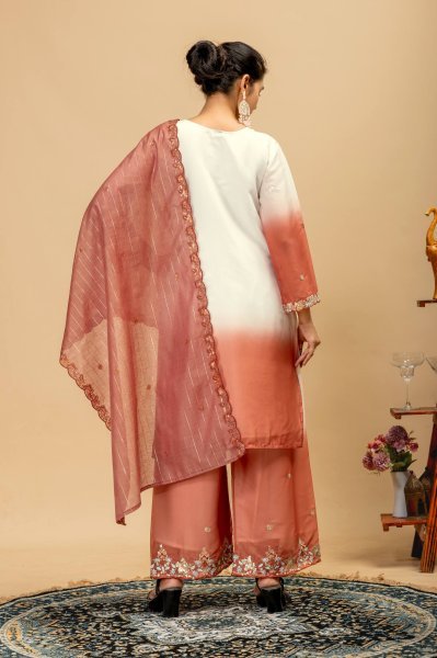 Dapper Peach Wear Georgette Kurti Suit with Front Heavy Beads Work Dupatta Ready To Wear Collection