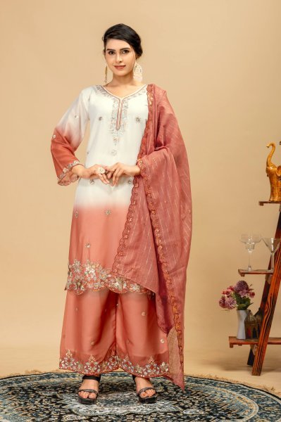 Dapper Peach Wear Georgette Kurti Suit with Front Heavy Beads Work Dupatta Ready To Wear Collection