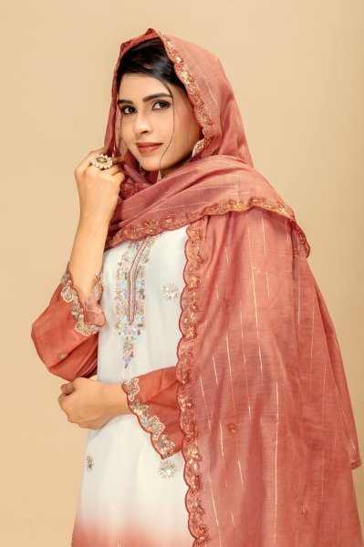 Dapper Peach Wear Georgette Kurti Suit with Front Heavy Beads Work Dupatta Ready To Wear Collection