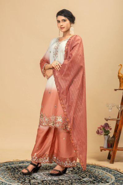 Dapper Peach Wear Georgette Kurti Suit with Front Heavy Beads Work Dupatta Ready To Wear Collection